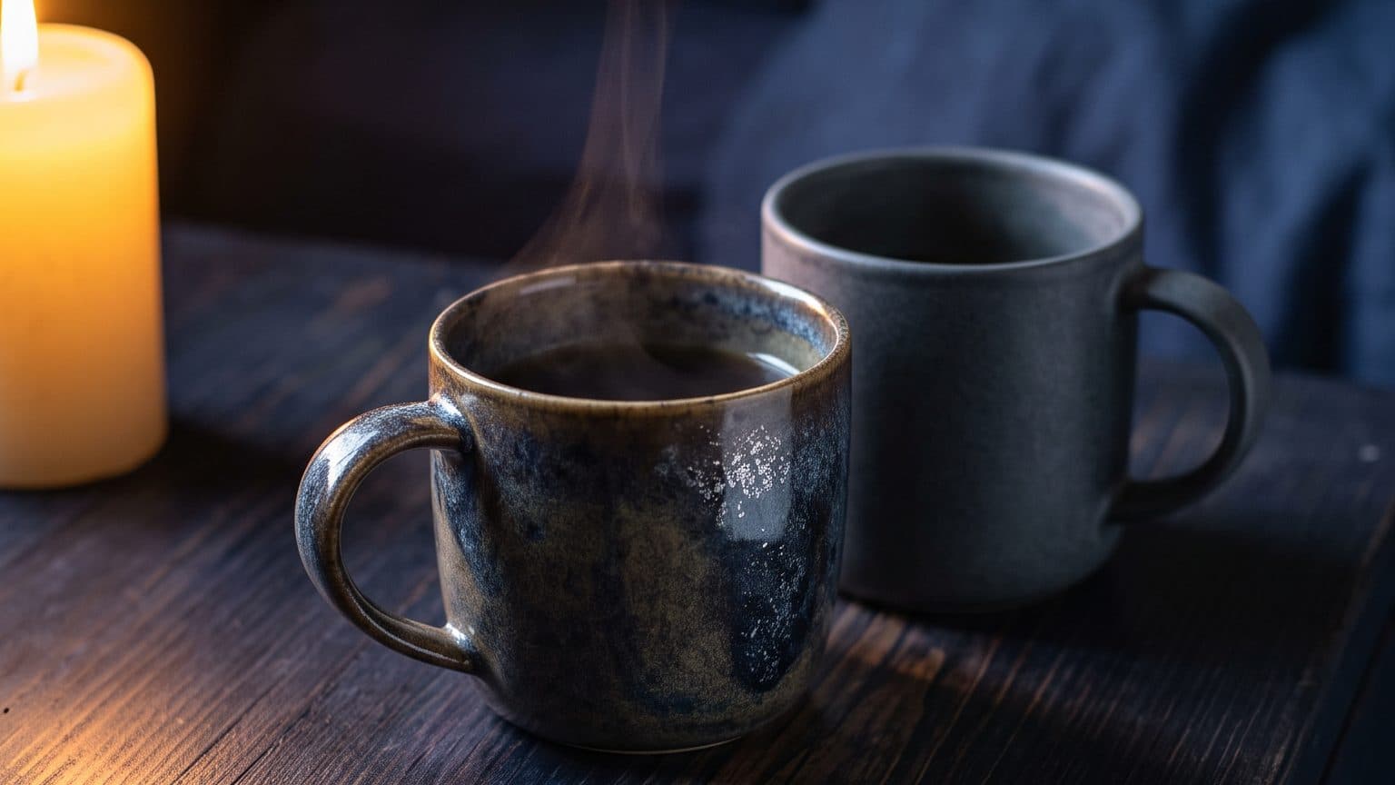 Two cups on a wooden table beside a lit candle, with steam rising. Keyframe from Mira's film about a cheating dream.