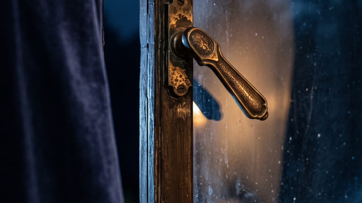 A brass window latch mid-turn on a moonlit window, with a dark curtain beside the sash. Keyframe from Mira's film about an intruder dream.