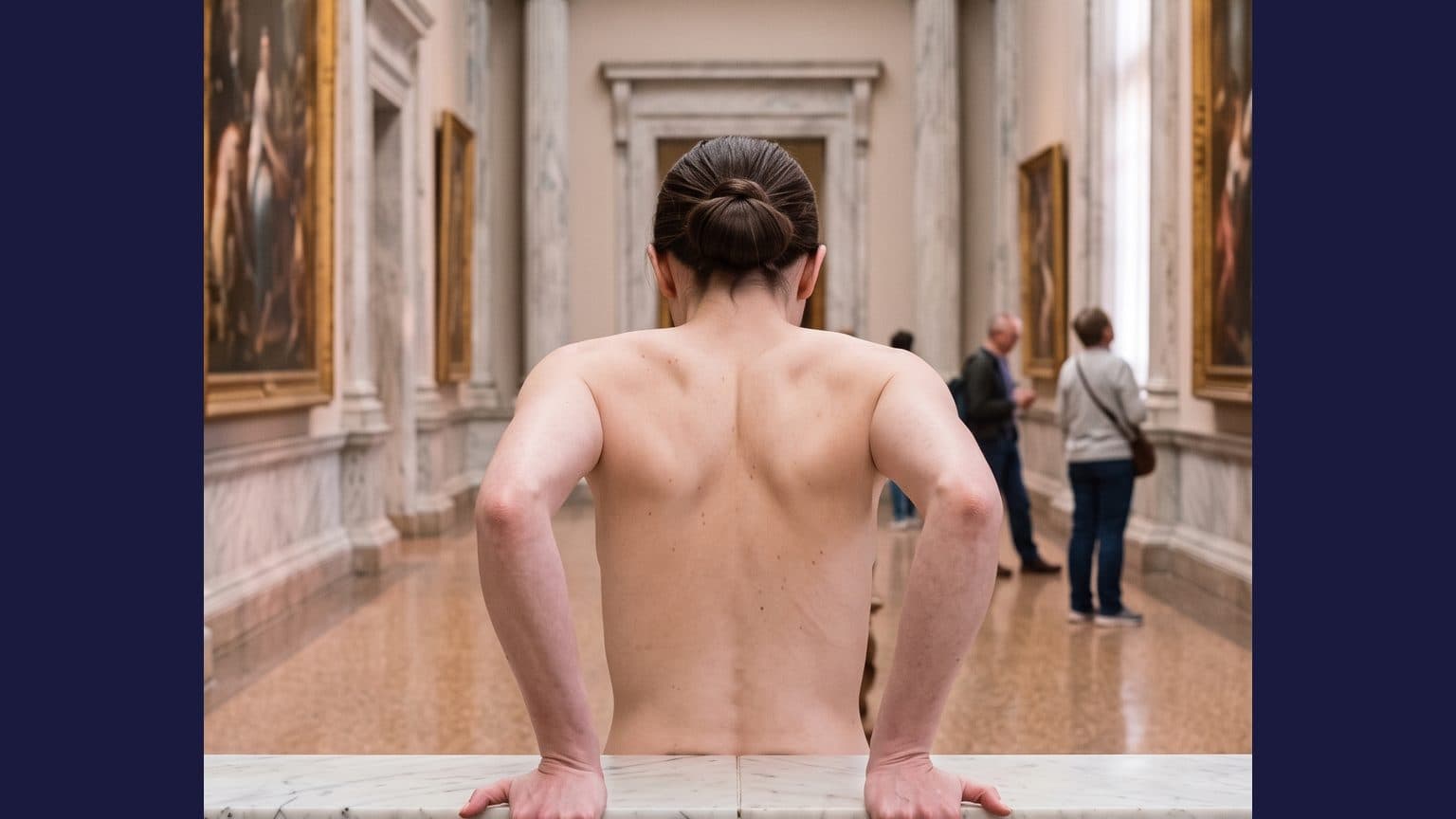 A bare-backed figure seen from behind, hands on a gallery balustrade, with other visitors and framed paintings in warm light. Keyframe from Mira's film about feeling exposed in a dream.